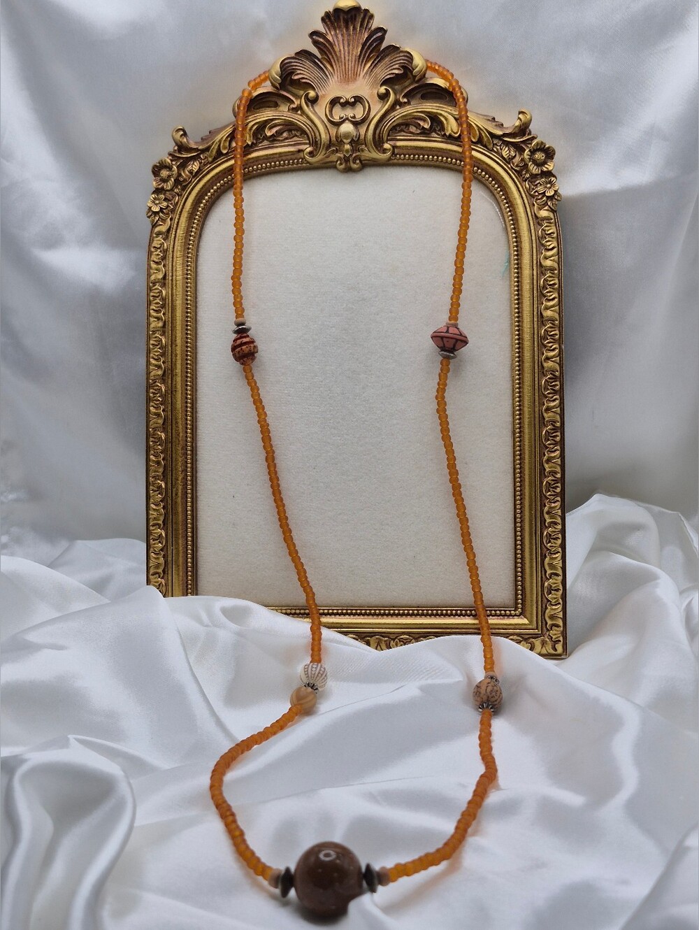 Handcrafted Artisan Made Hand Carved Orange Beaded Long 40" Necklace
